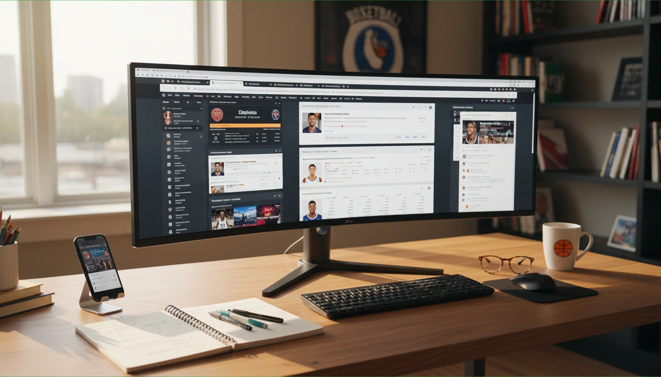Recherche-Arbeitsplatz mit Monitor, Notizbuch und Smartphone für Basketball-Datensammlung