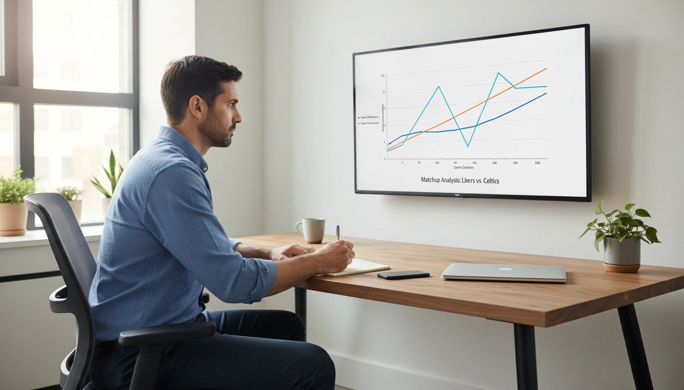 Sportanalyst analysiert Basketball-Spielstatistiken auf dem Monitor