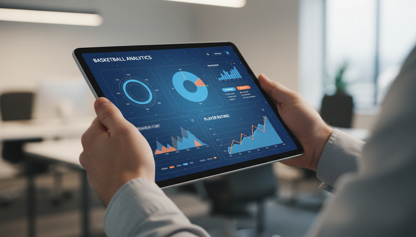 Tablet mit fortgeschrittener Basketball-Analytik-Oberfläche und Effizienz-Diagrammen