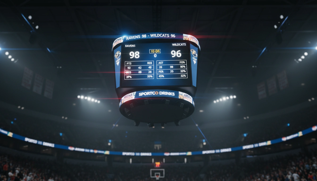 Basketball-Arena-Anzeigetafel mit Team-Statistiken für Punkte, Rebounds und Assists