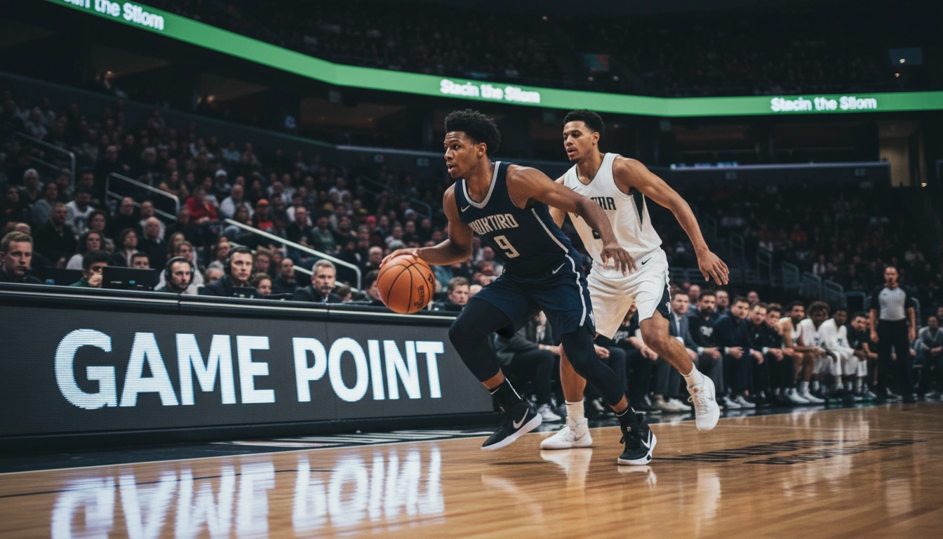 Dynamische Aufnahme von Basketball-Spielern im Schnellangriff zeigt das hohe Spieltempo
