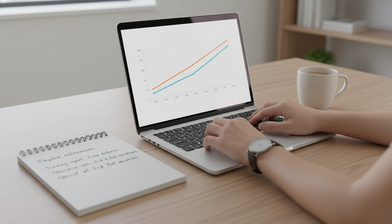 Laptop mit übersichtlicher Basketball-Statistik und Notizen auf dem Schreibtisch
