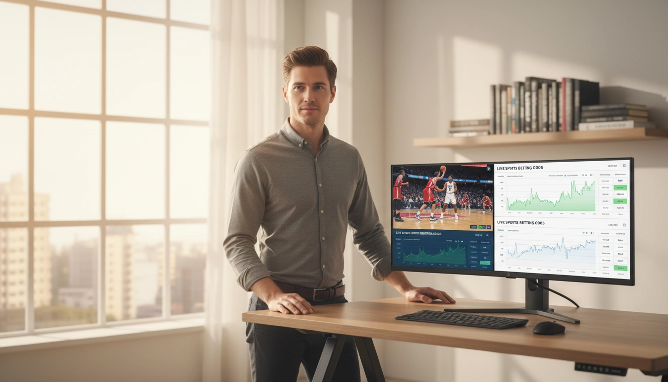 Junger Profi arbeitet am Stehpult mit Basketball-Analytik auf großem Monitor