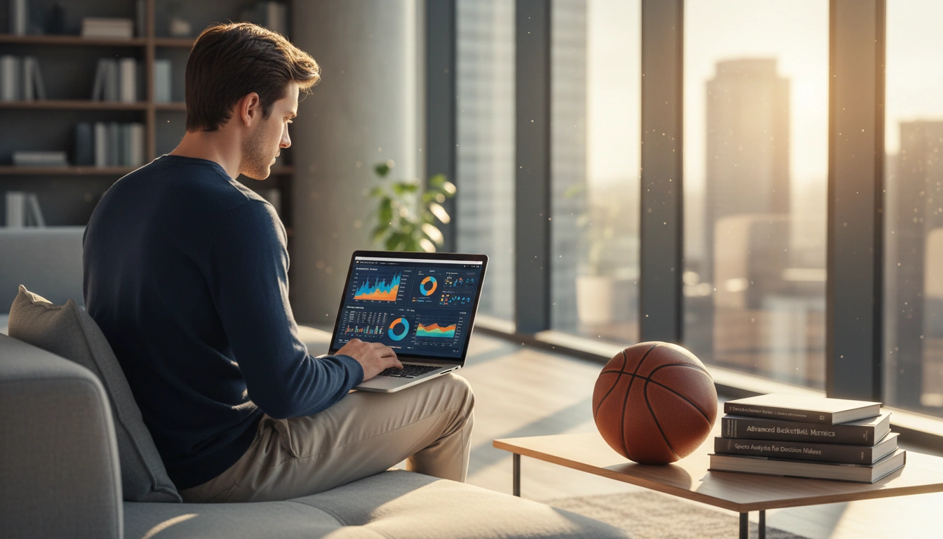 Junger Profi studiert Basketball-Statistiken auf dem Laptop in einem hellen modernen Wohnzimmer