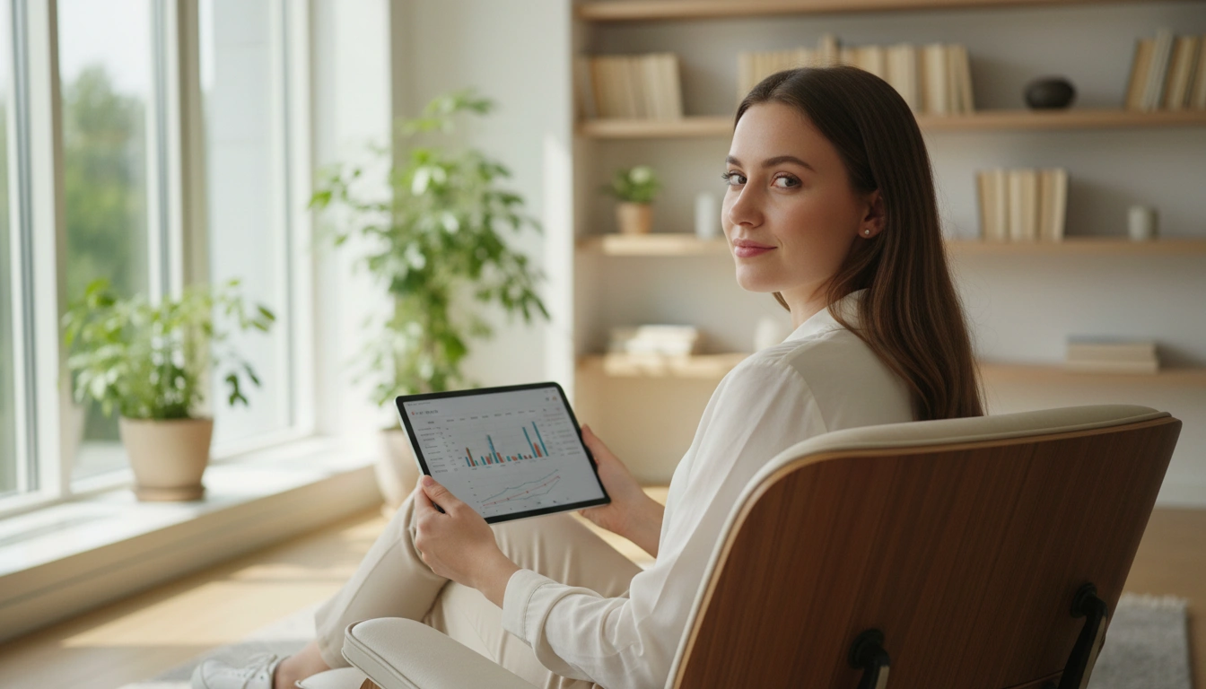 Ruhige Frau mit Tablet zeigt emotionale Balance und Kontrolle bei der Analyse