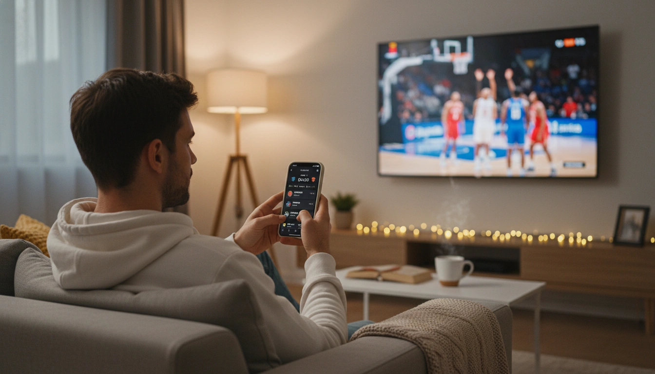Person verfolgt ein Basketball-Spiel im Fernsehen mit Smartphone in der Hand