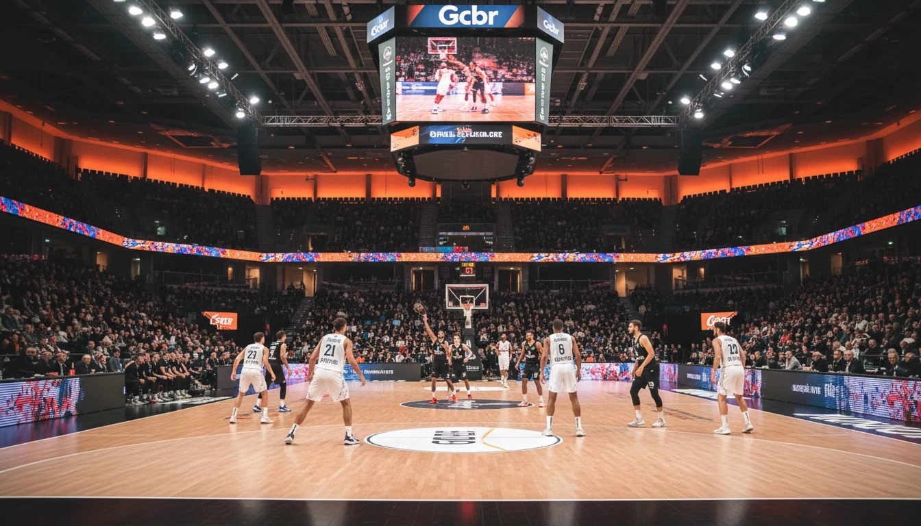 Moderne deutsche Basketball-Arena während eines BBL-Spiels mit begeisterten Fans