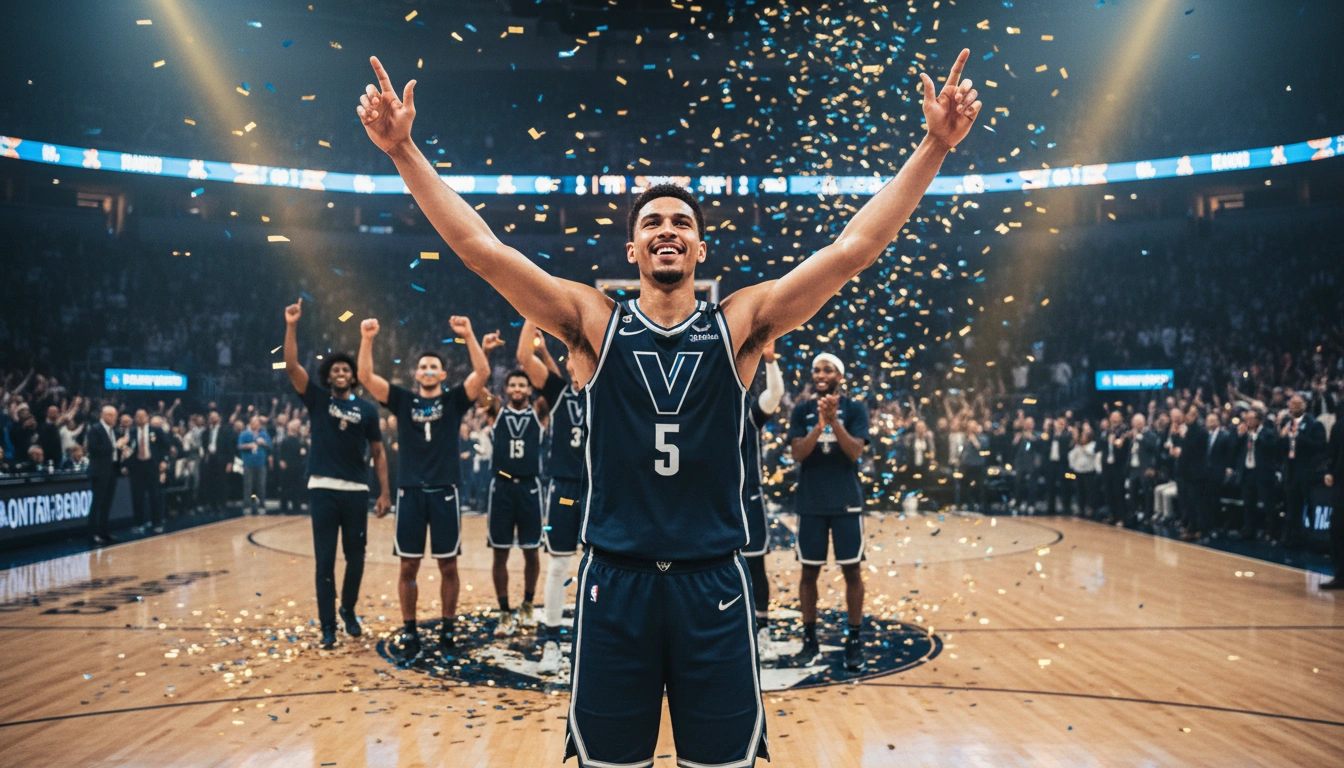 Basketballspieler feiert mit erhobenen Armen einen wichtigen Sieg in einer vollen Arena