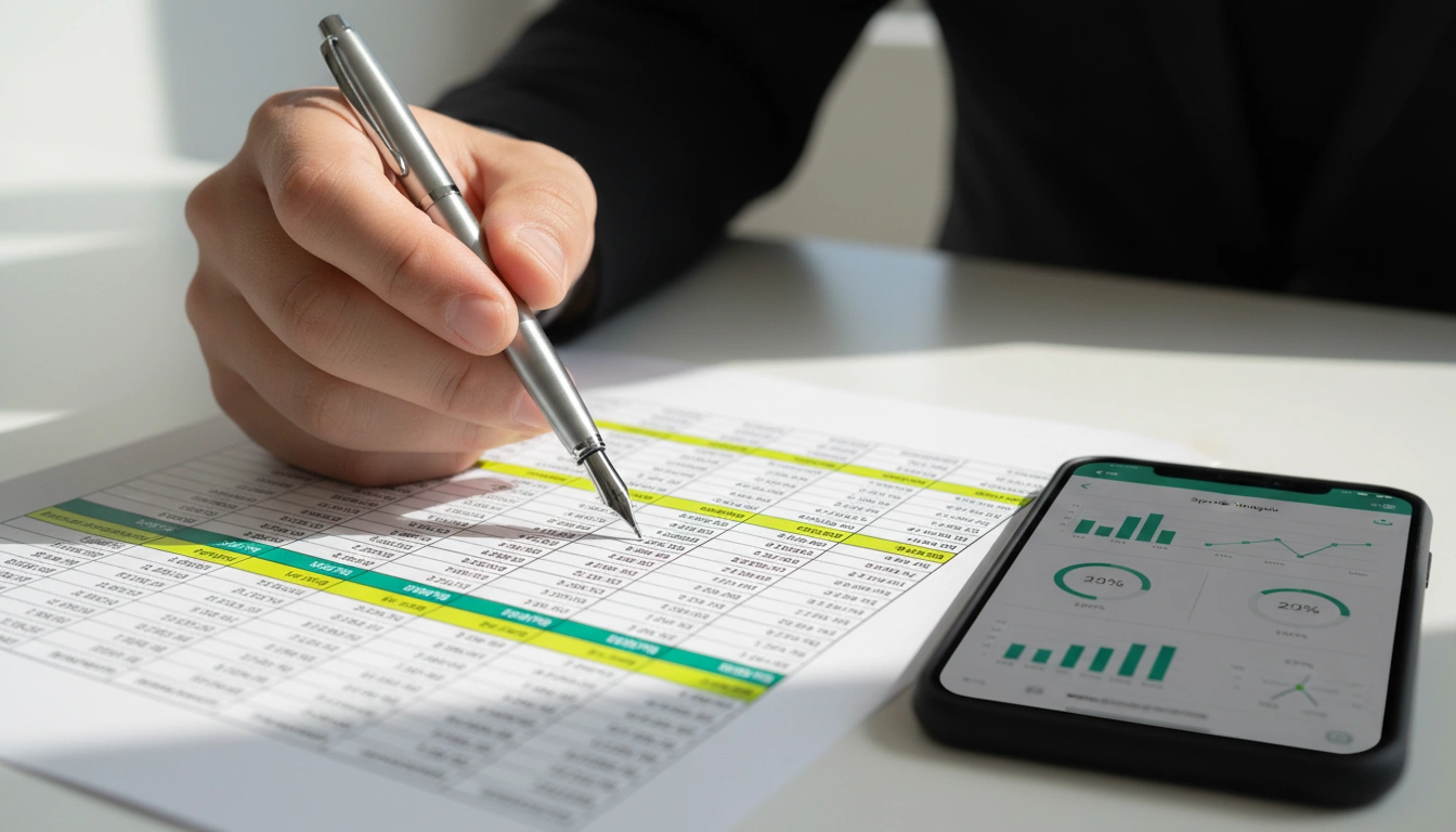 Hand hält Stift über einem Blatt Papier mit markierten Analysepunkten und Statistiken