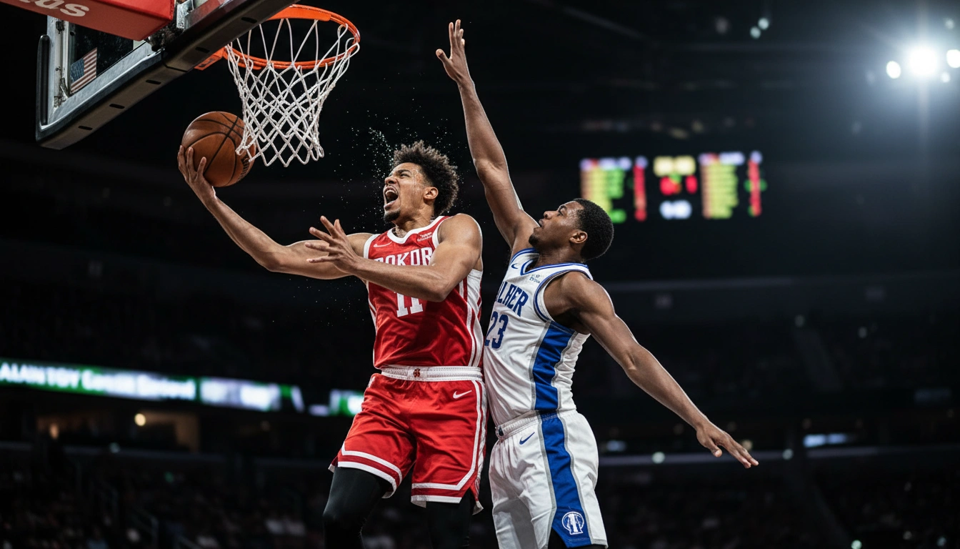 Intensive Spielszene zwischen zwei Basketballspielern im Zweikampf unter dem Korb
