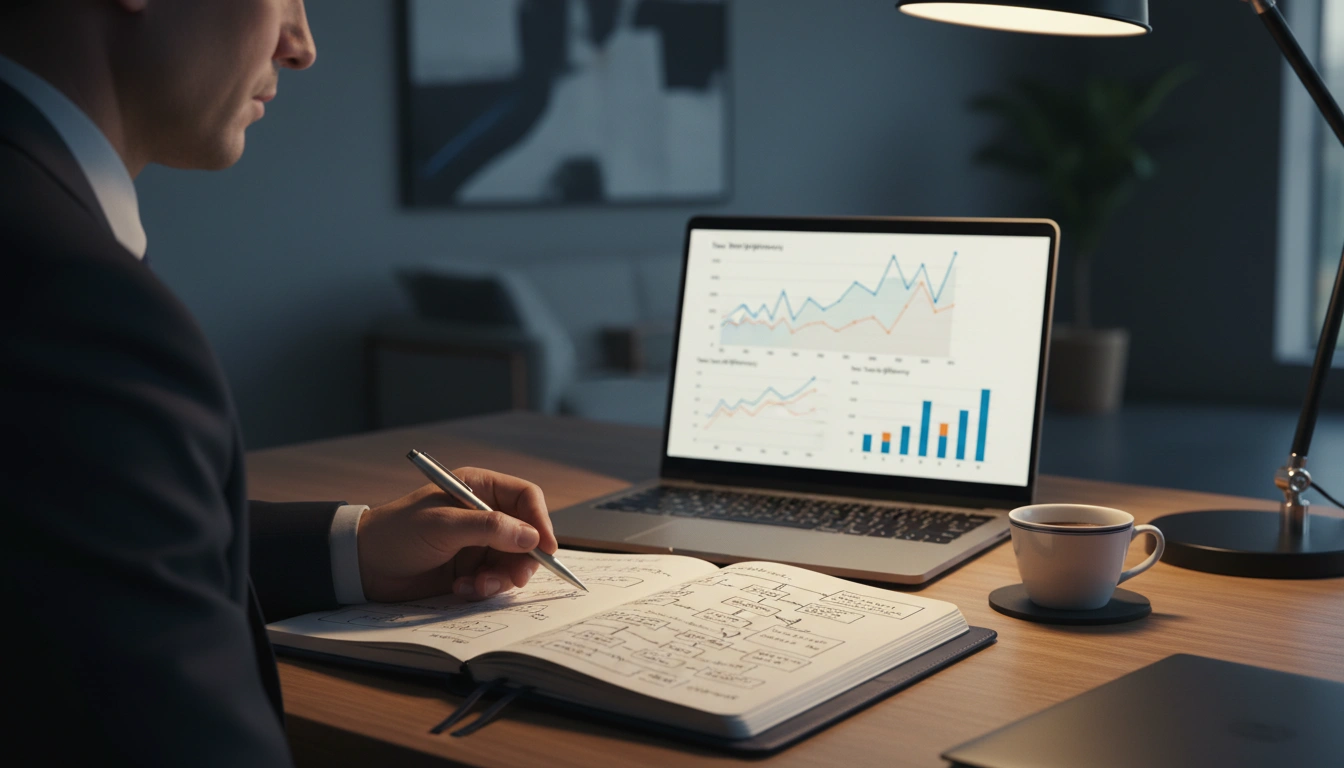 Person analysiert Basketballstatistiken am Laptop mit Notizen und Stift in der Hand