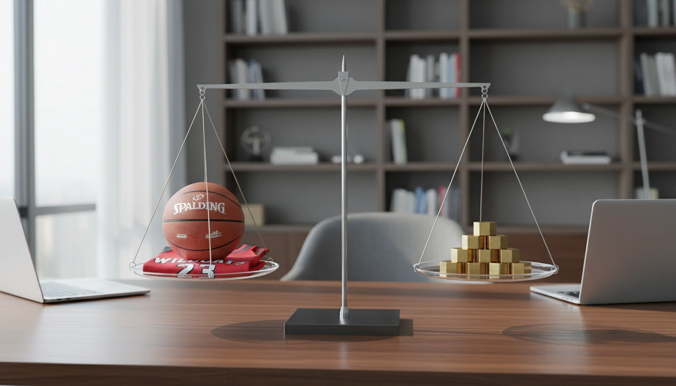 Glaswaage mit Basketball-Elementen und Gewichten symbolisiert das Handicap-Prinzip