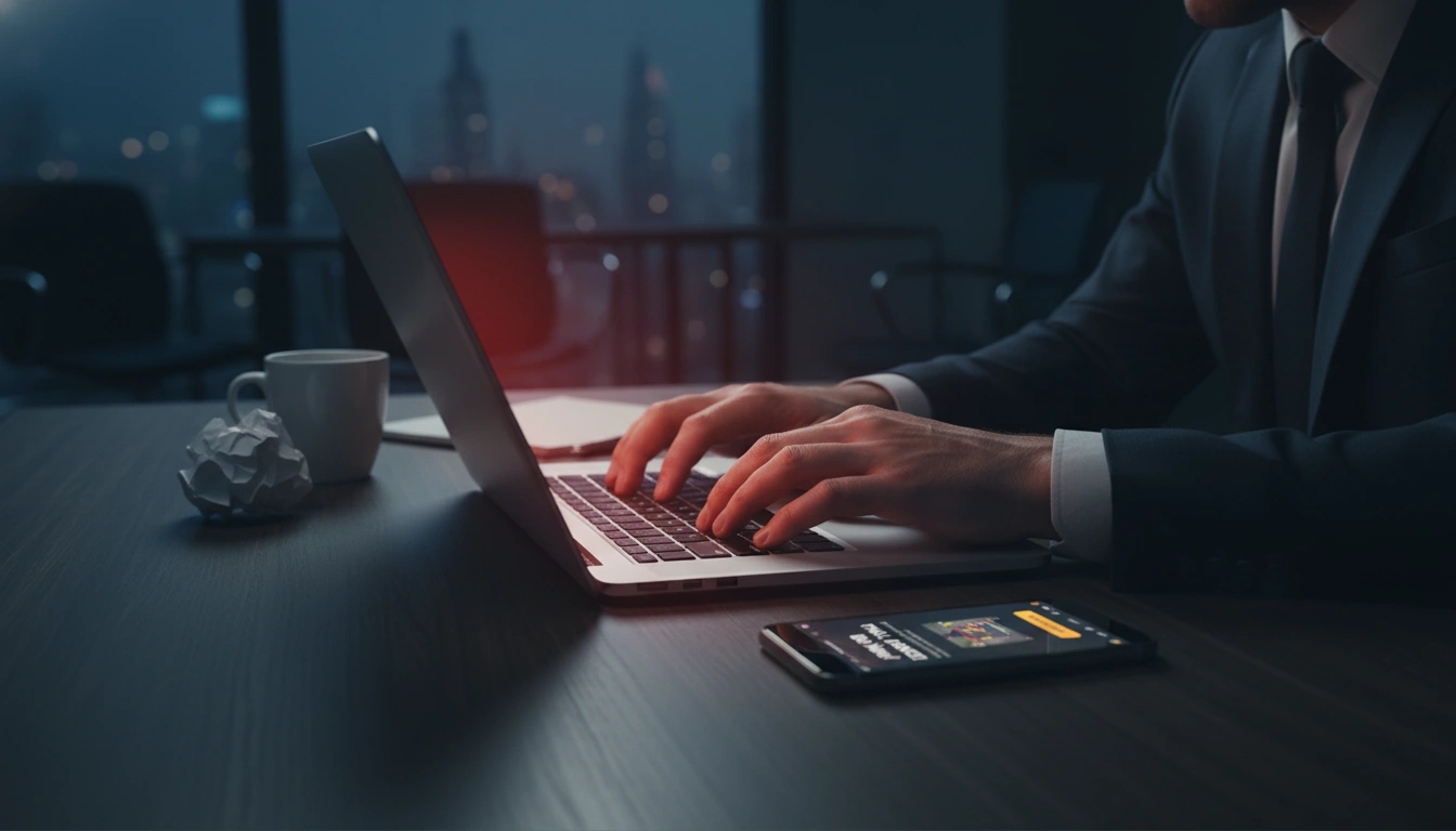 Hände zögern über einer Laptop-Tastatur mit warnender roter Bildschirmbeleuchtung