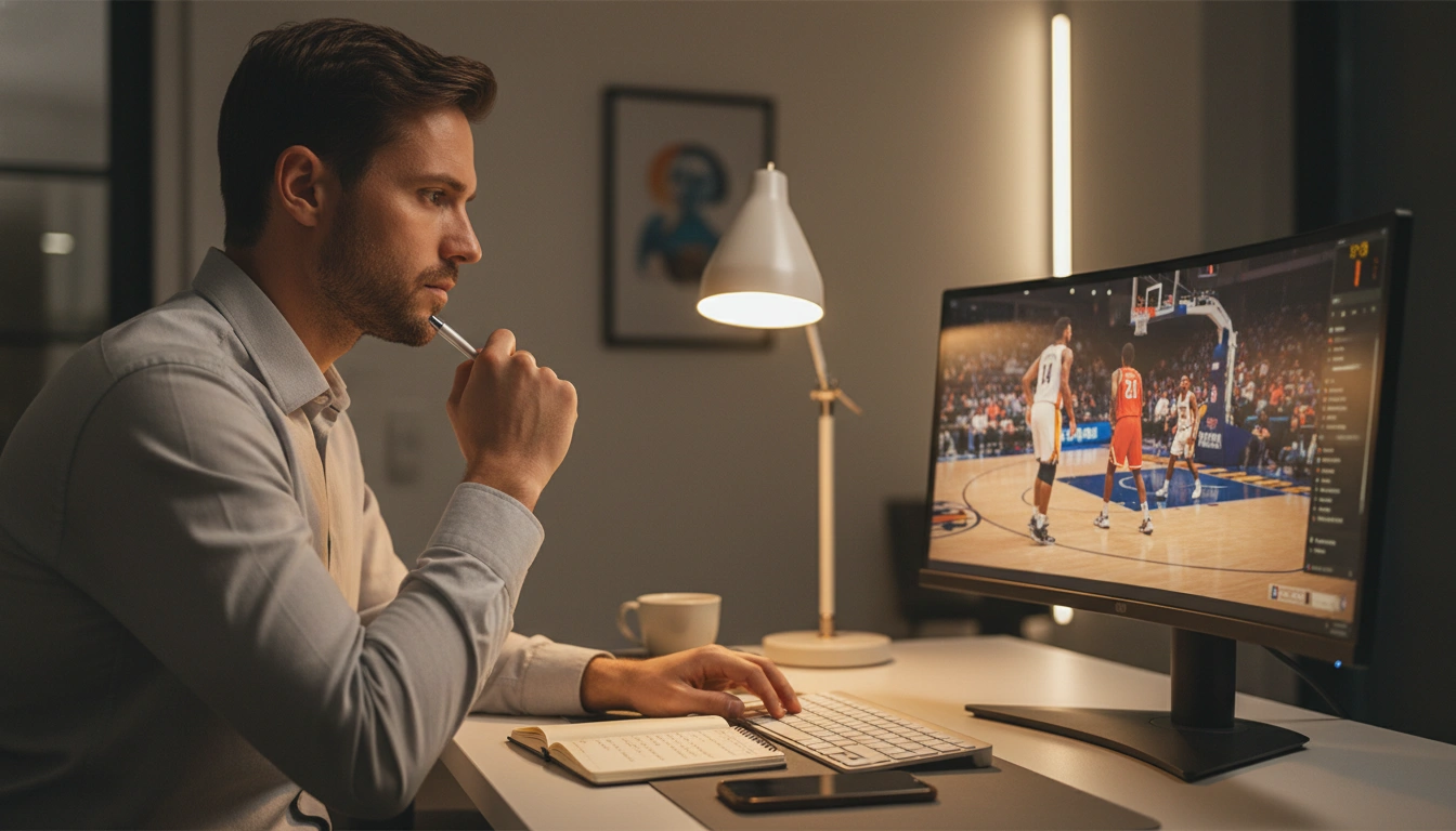 Mann analysiert Basketball-Statistiken am Computer in seinem Home-Office