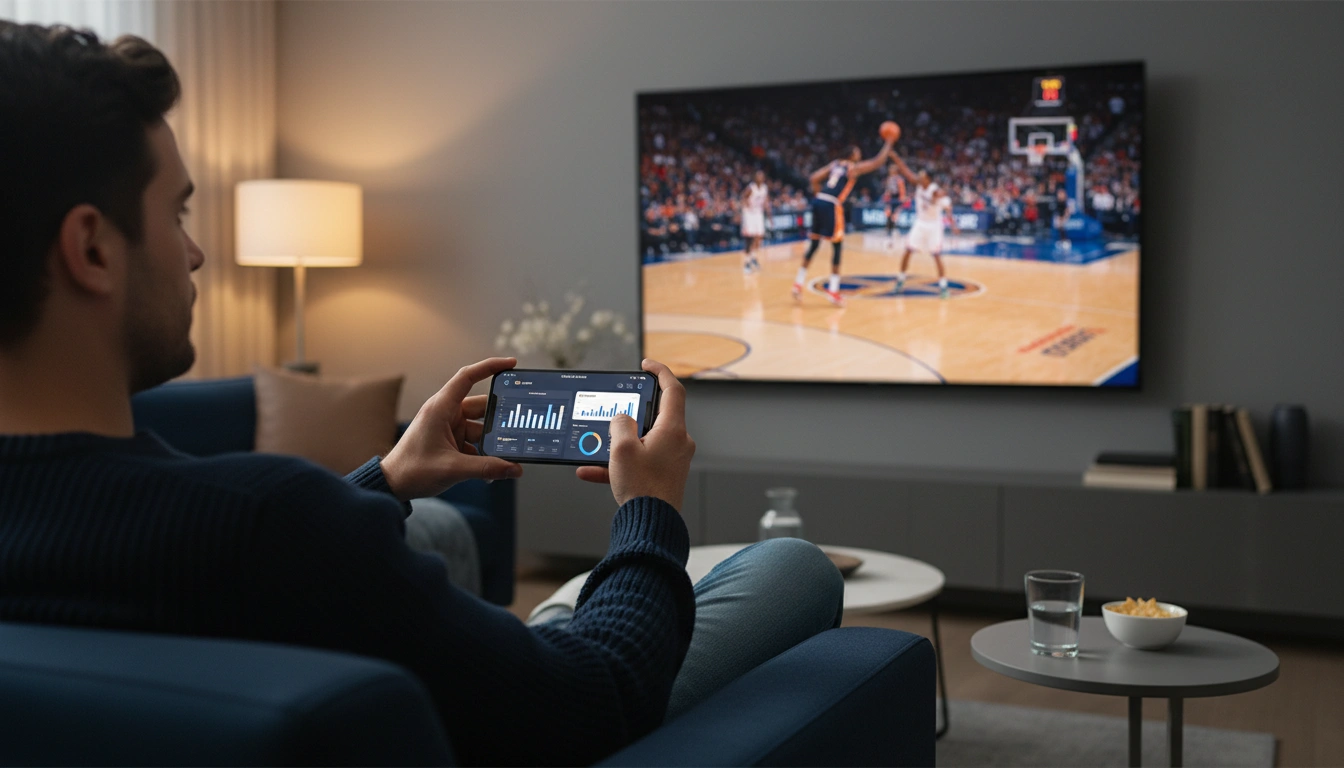 Person beobachtet aufmerksam ein Basketballspiel auf dem Fernseher mit Smartphone in der Hand