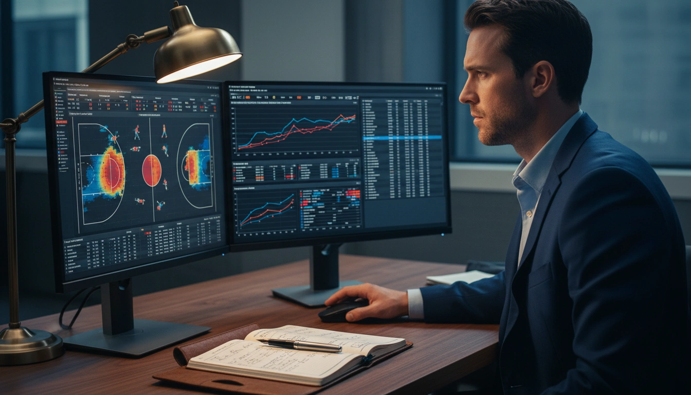 Konzentrierter Mann analysiert Sportstatistiken auf mehreren Bildschirmen in einem modernen Büro