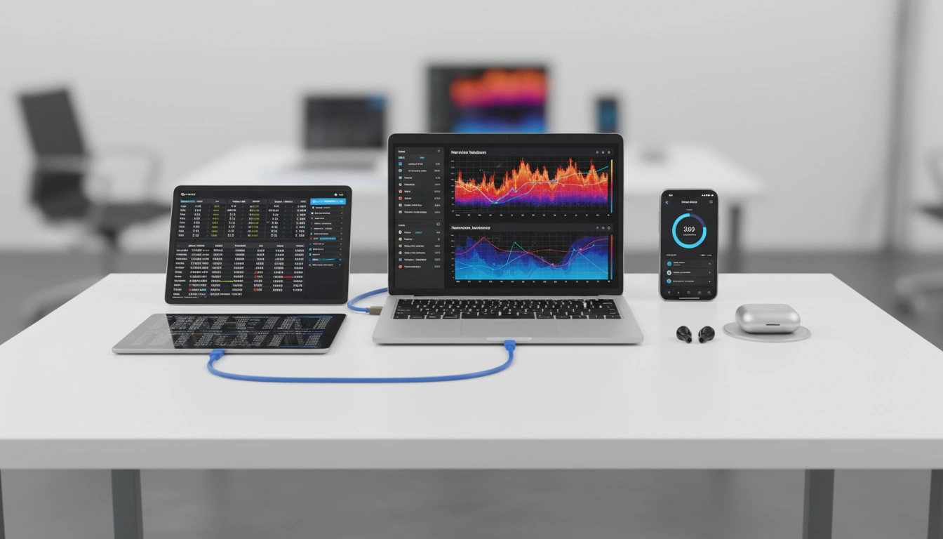 Moderner Arbeitsplatz mit Laptop, Smartphone und Tablet auf einem sauberen Schreibtisch für Sportwetten-Analyse