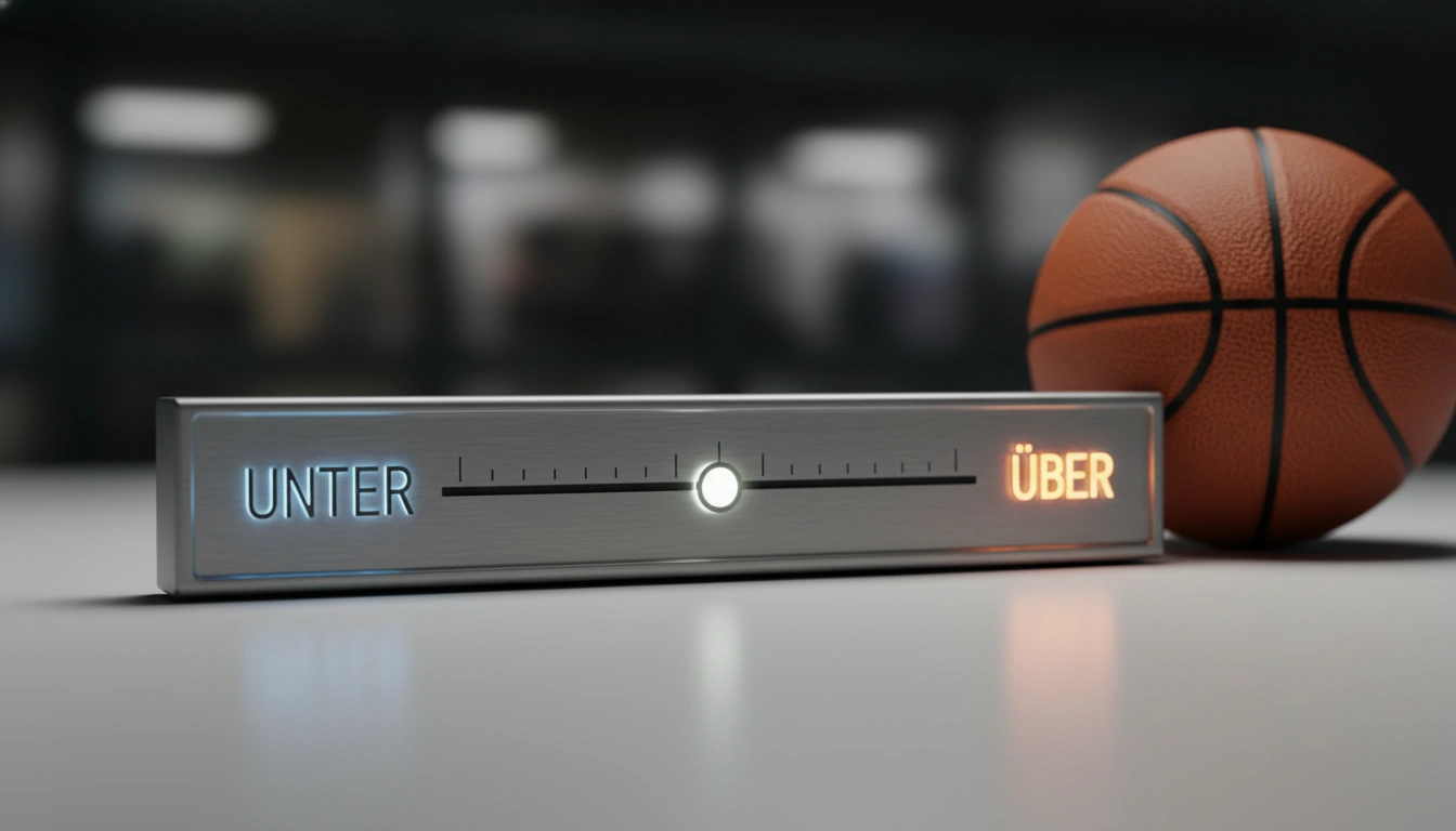 Elegante Metallanzeige mit Schwellenwert-Konzept für Über/Unter-Wetten neben einem Basketball