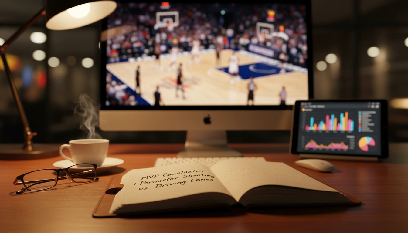 Professioneller Arbeitsplatz mit Monitor und Notizbuch für strategische Basketball-Analyse