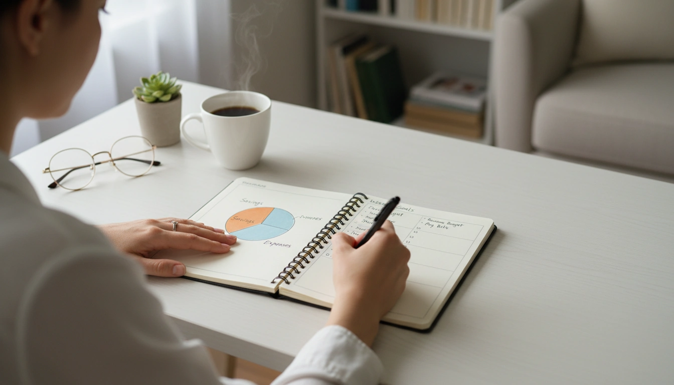 Person plant verantwortungsvoll das Budget mit Notizbuch und einfacher Grafik